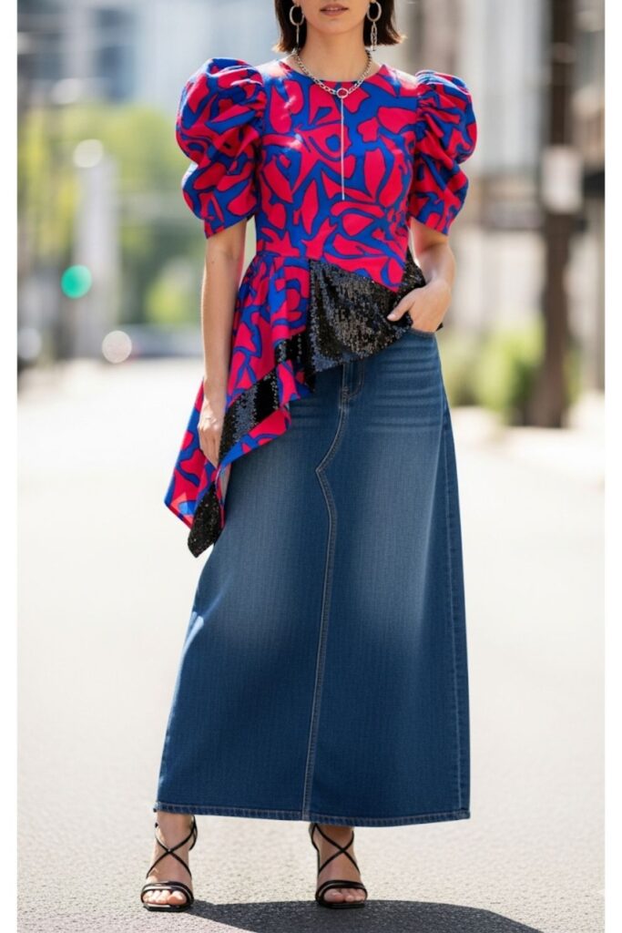 Long Denim Skirt with a Statement Top
