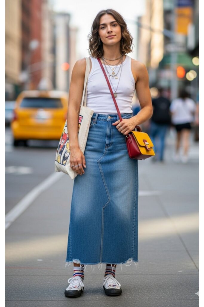Long Denim Skirt with a Tank Top and Sneakers