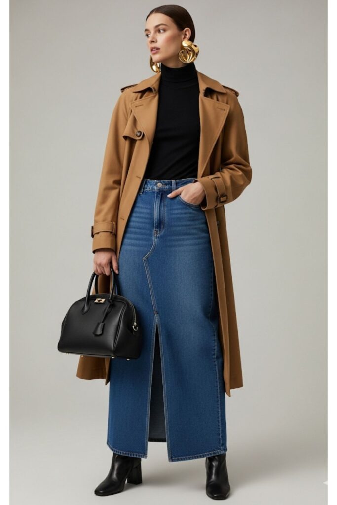 Long Denim Skirt with a Turtleneck and Heeled Boots