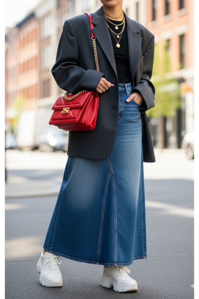 Long Denim Skirt with an Oversized Blazer