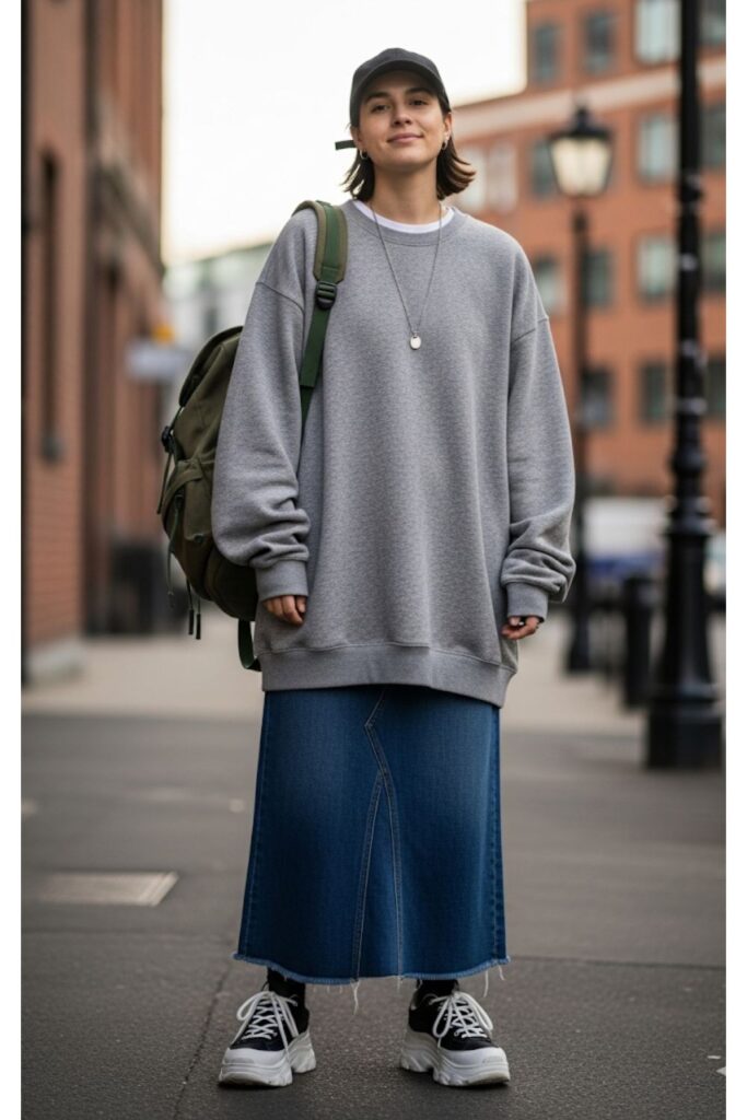 Long Denim Skirt with an Oversized Sweatshirt