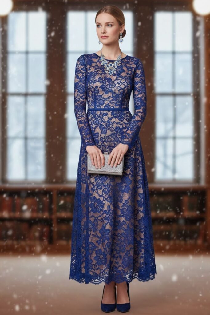Long-Sleeve Lace Dress with Pumps