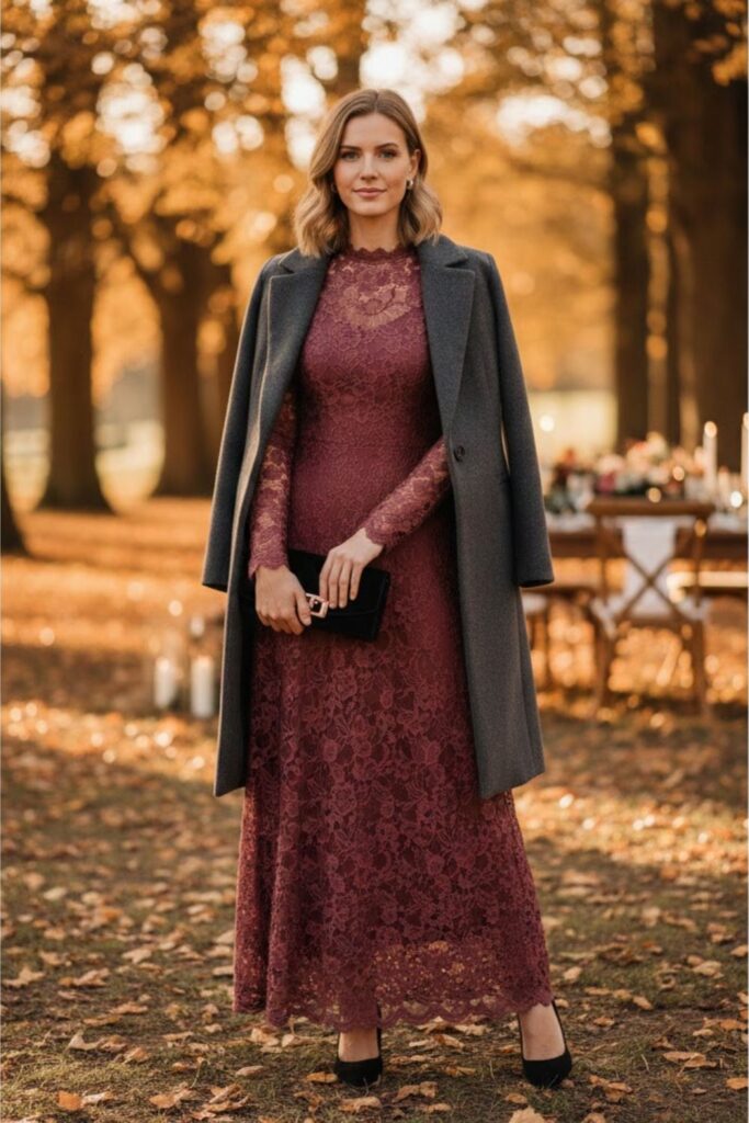 Long-Sleeve Lace Dress with Pumps