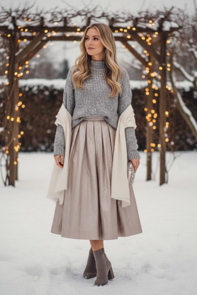 Midi Skirt with Sweater and Heels