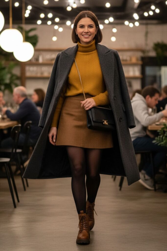 Mini Skirt with Tights and Oversized Coat