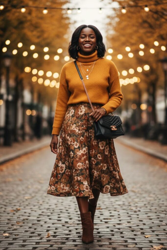 Mustard Turtleneck with Midi Skirt