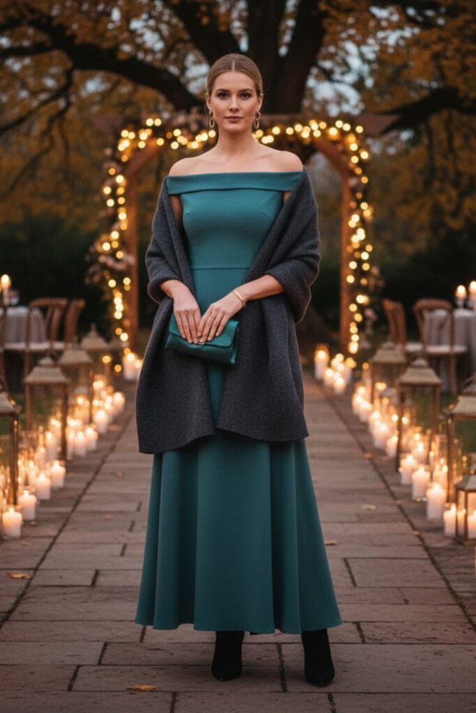 Off-Shoulder Dress with Wool Wrap