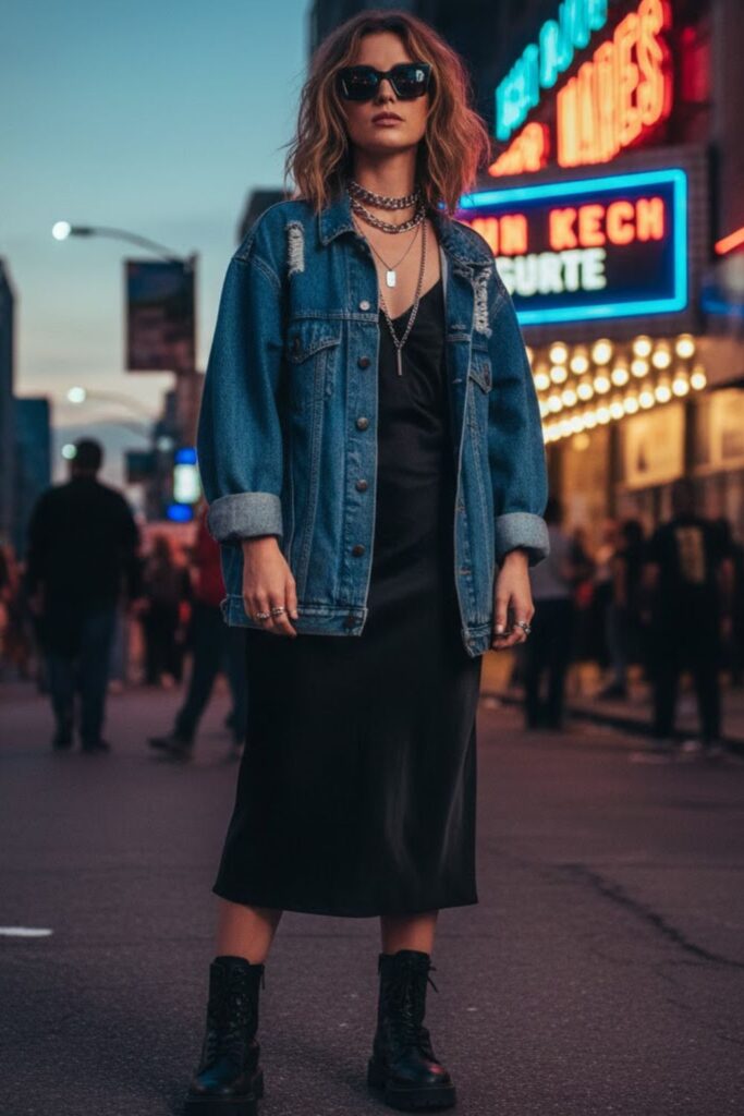 Oversized Denim Jacket with Slip Dress