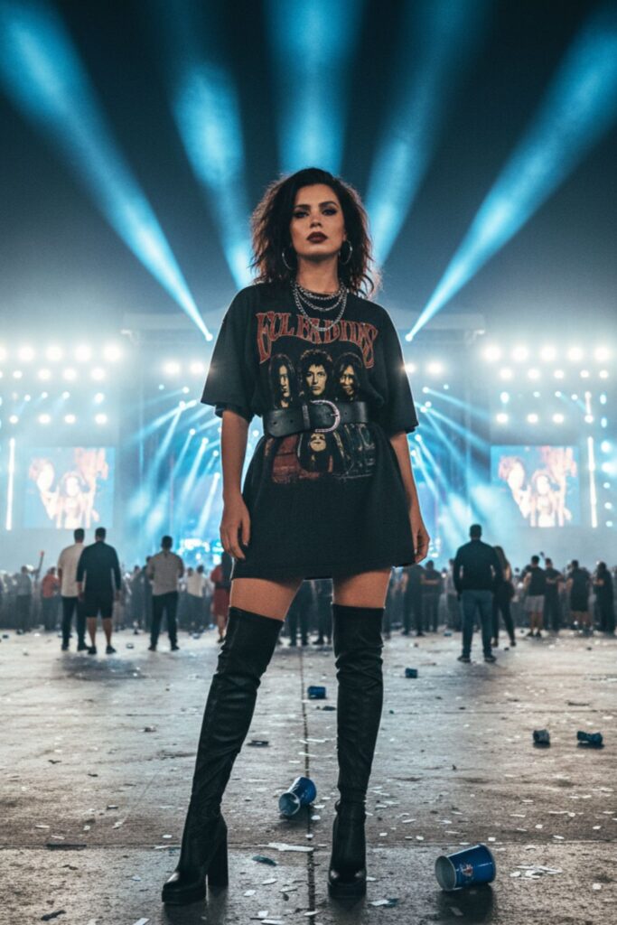 Oversized Graphic Tee with Thigh-High Boots