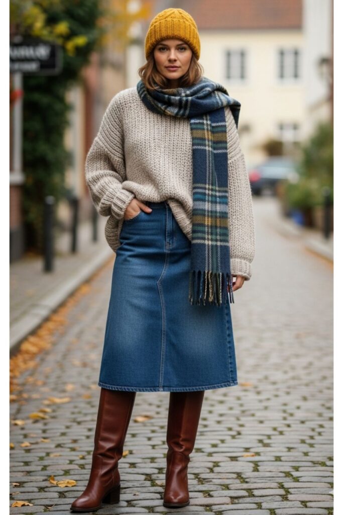 Oversized Sweater with Denim Midi and Boots