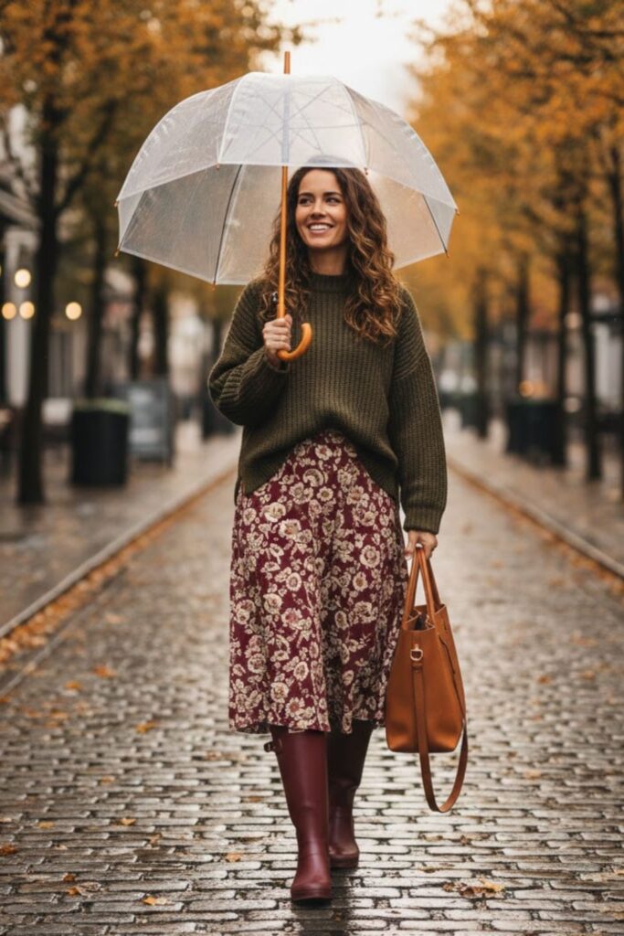 Oversized Sweater with Midi Skirt and Rain Boots