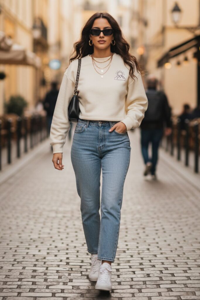 Cropped Sweatshirt with High-Waisted Jeans