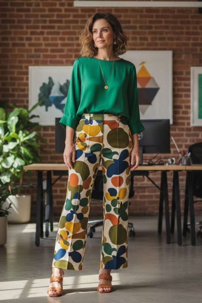 Patterned Palazzo Pants with Solid Blouse