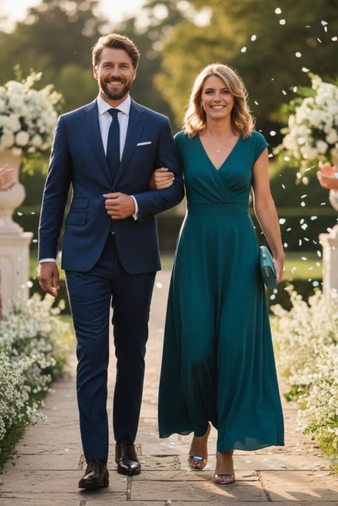 Patterned Suit and Solid Dress