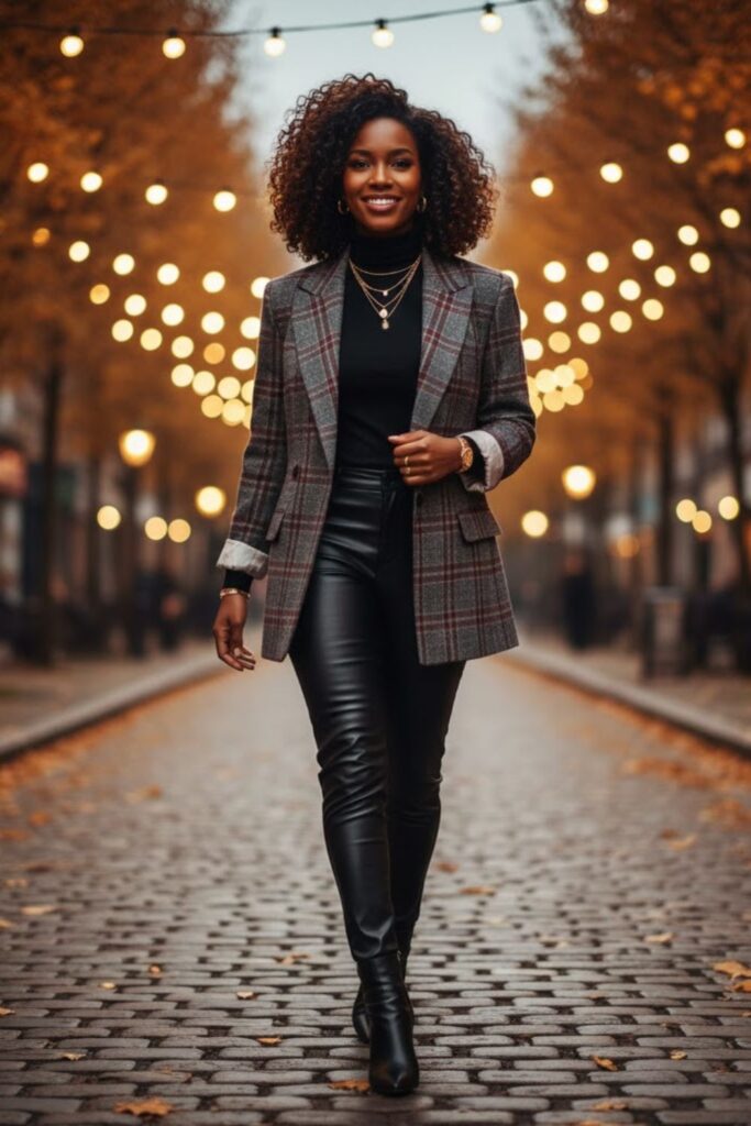 Plaid Blazer with Leather Pants