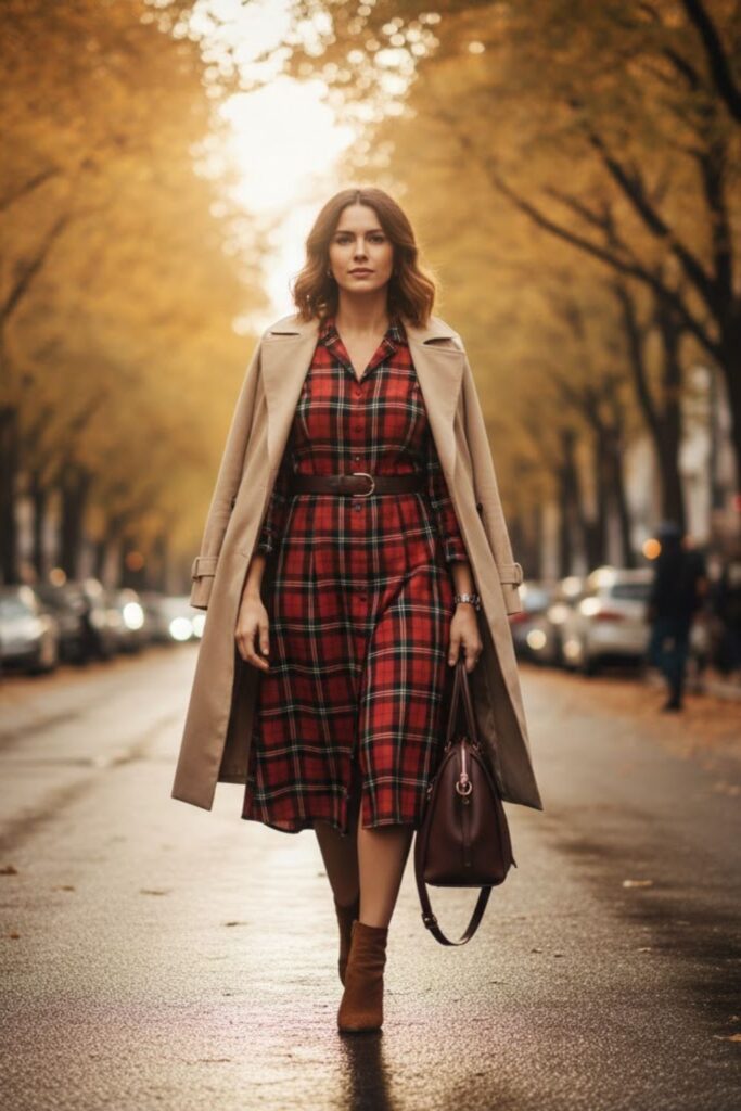 Plaid Dress with Ankle Boots