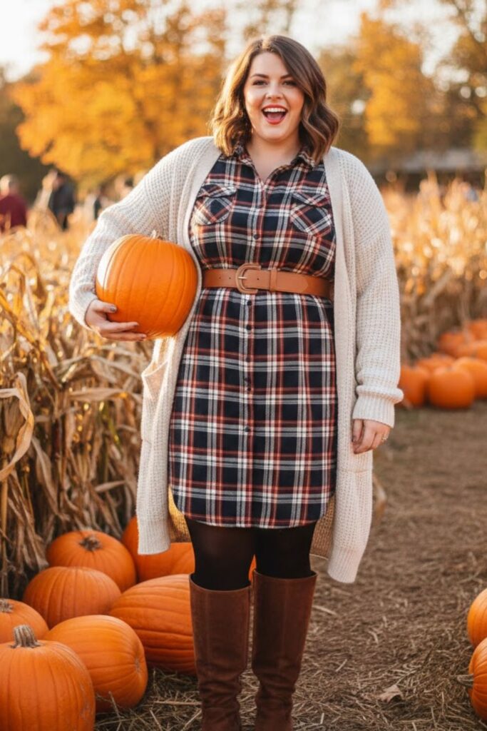 Plaid Shirt Dress with Belt