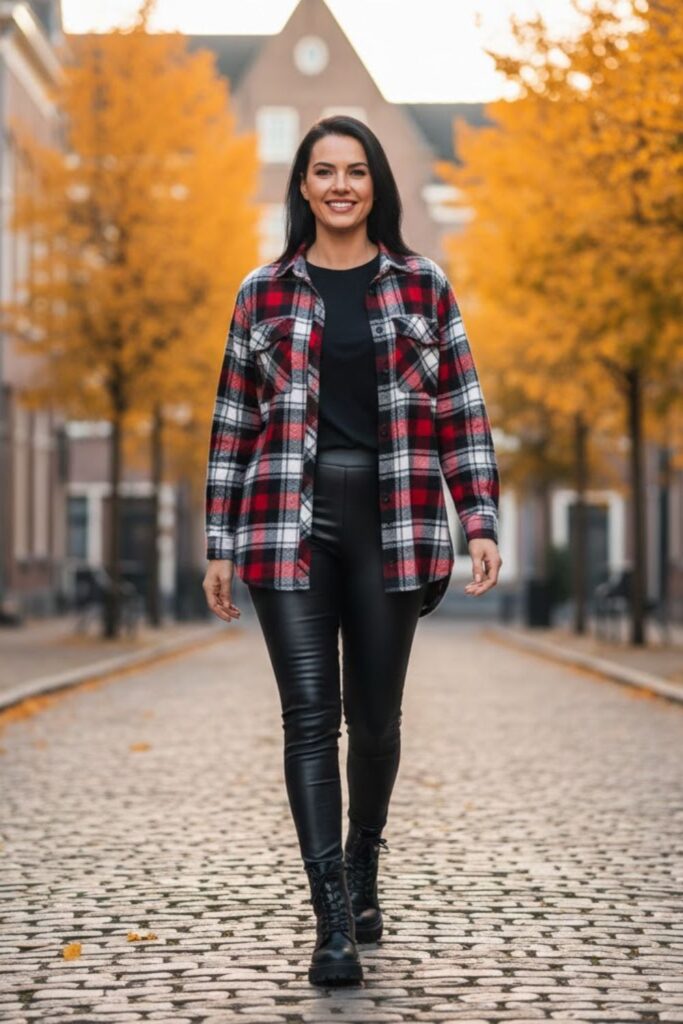 Plaid Shirt with Leather Leggings