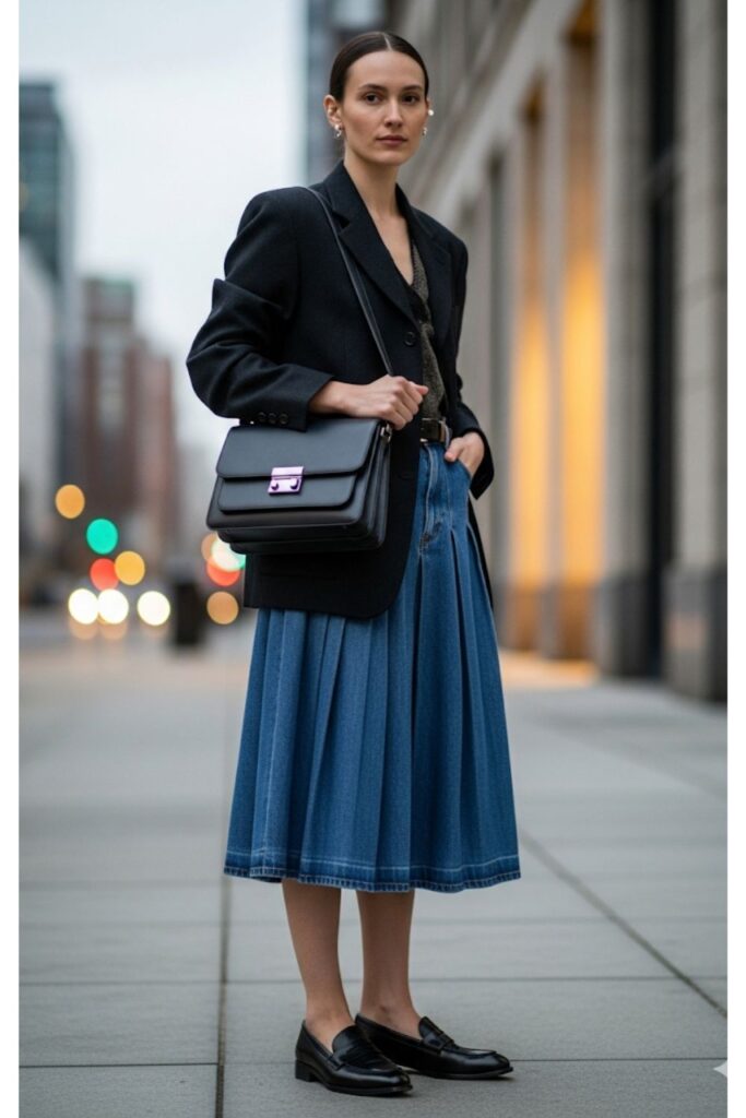  Pleated Denim Skirt with a Blazer