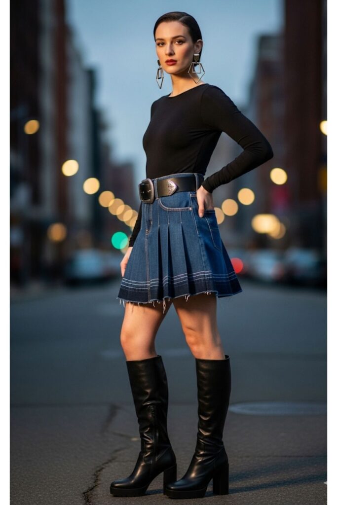Pleated Denim Skirt with a Bodysuit
