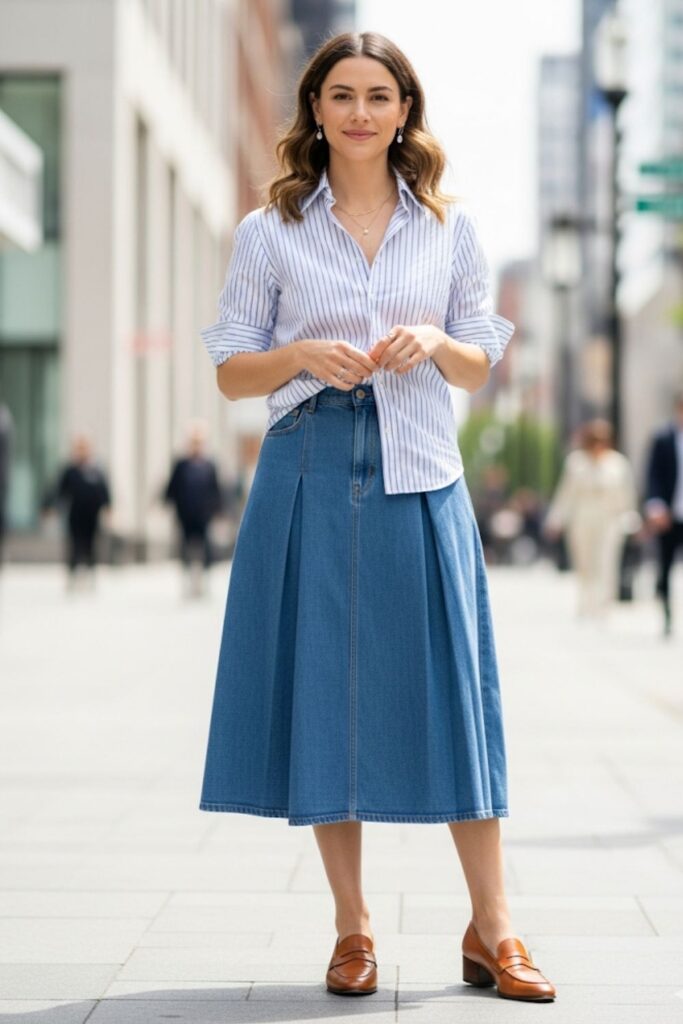 Pleated Denim Skirt with a Button-Up Shirt