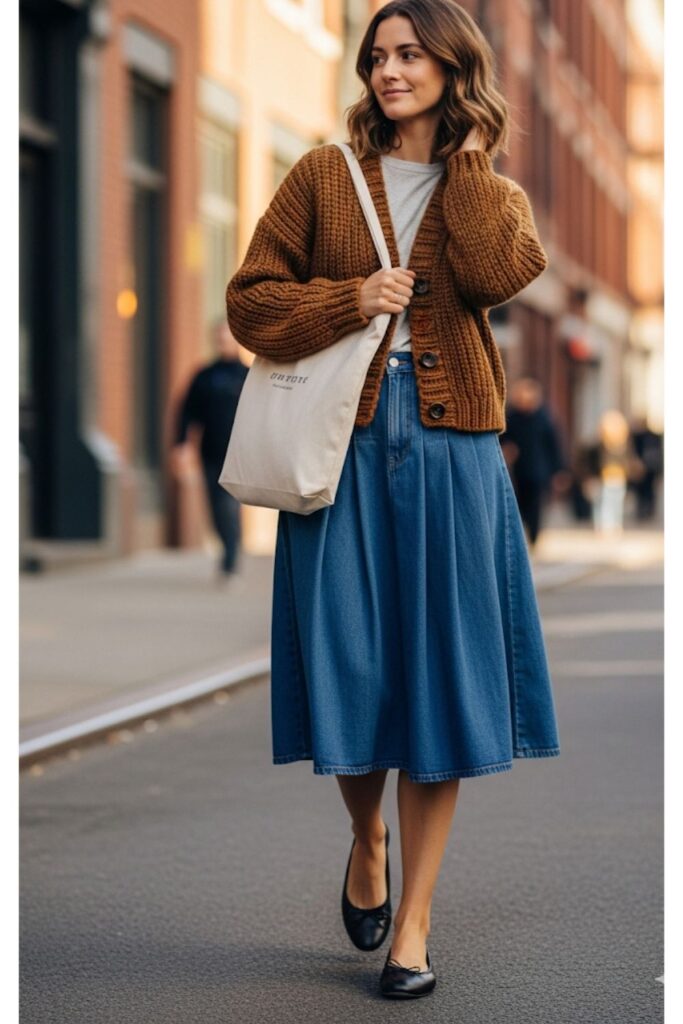 Pleated Denim Skirt with a Cardigan
