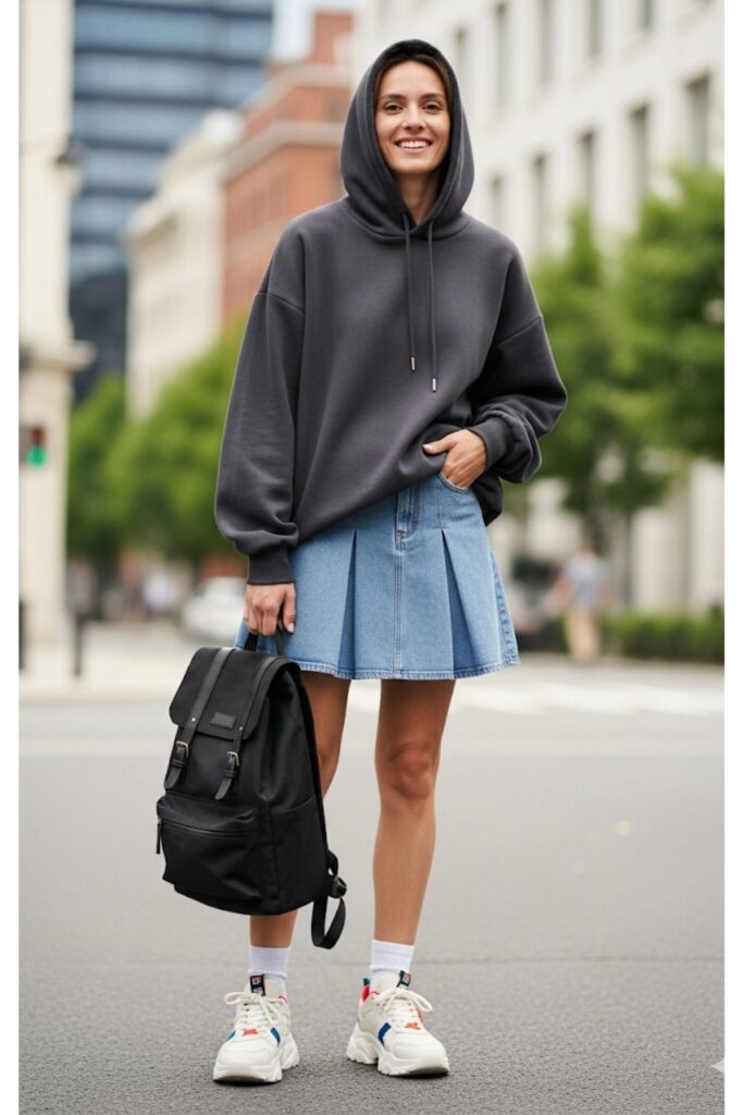 Pleated Denim Skirt with a Casual Hoodie