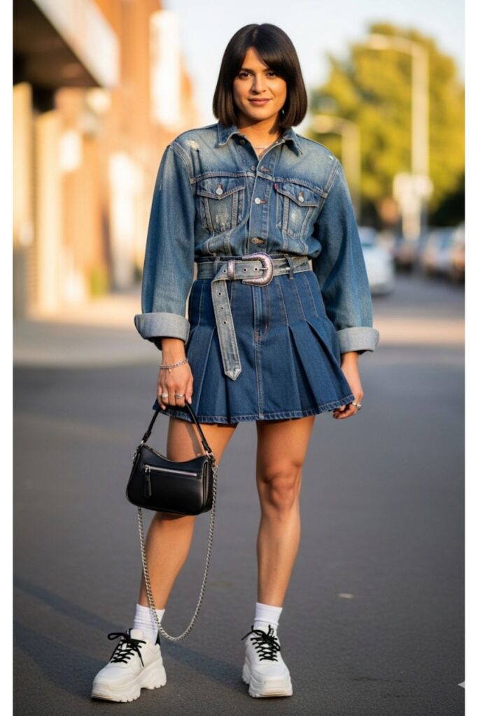 Pleated Denim Skirt with a Denim Jacket