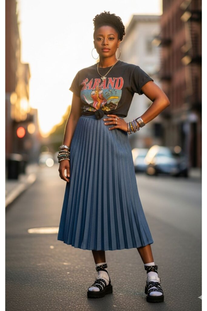 Pleated Denim Skirt with a Graphic Tee