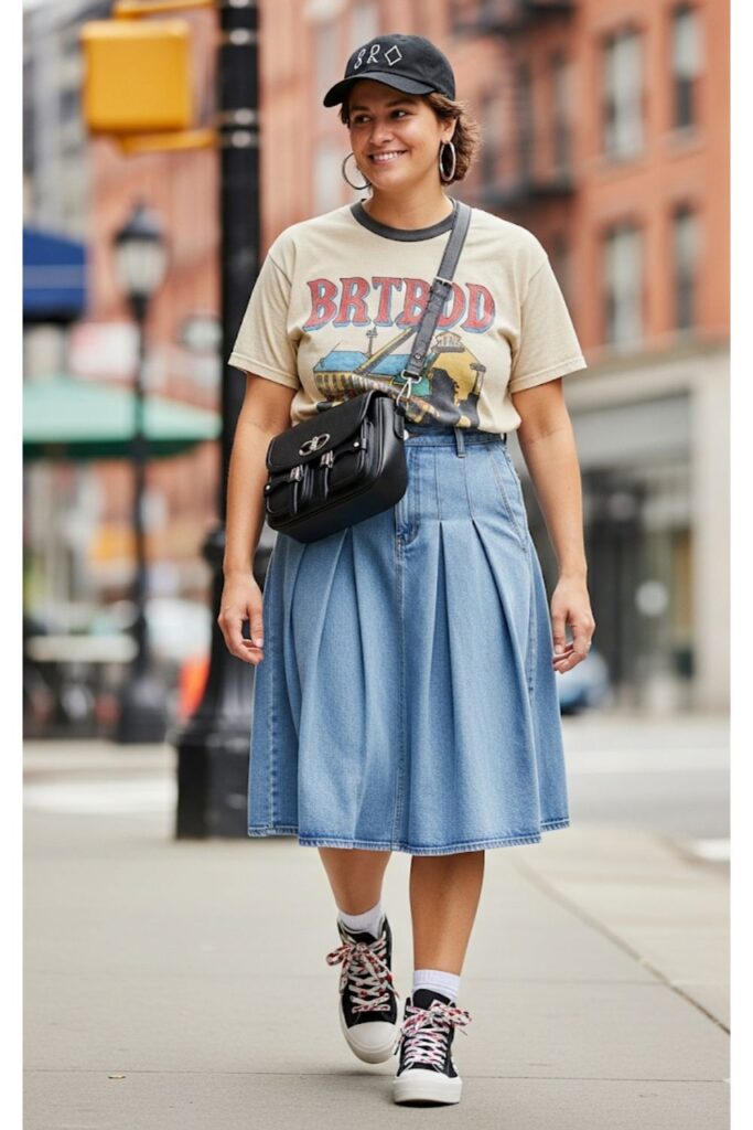 Pleated Denim Skirt with a Graphic Tee