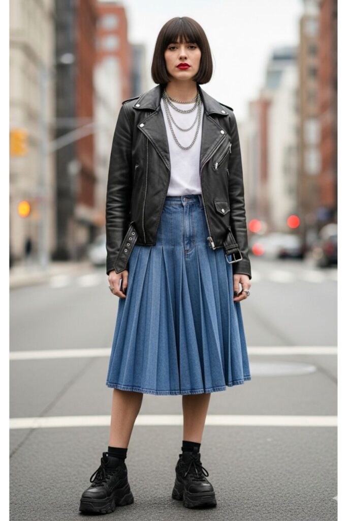 Pleated Denim Skirt with a Leather Jacket