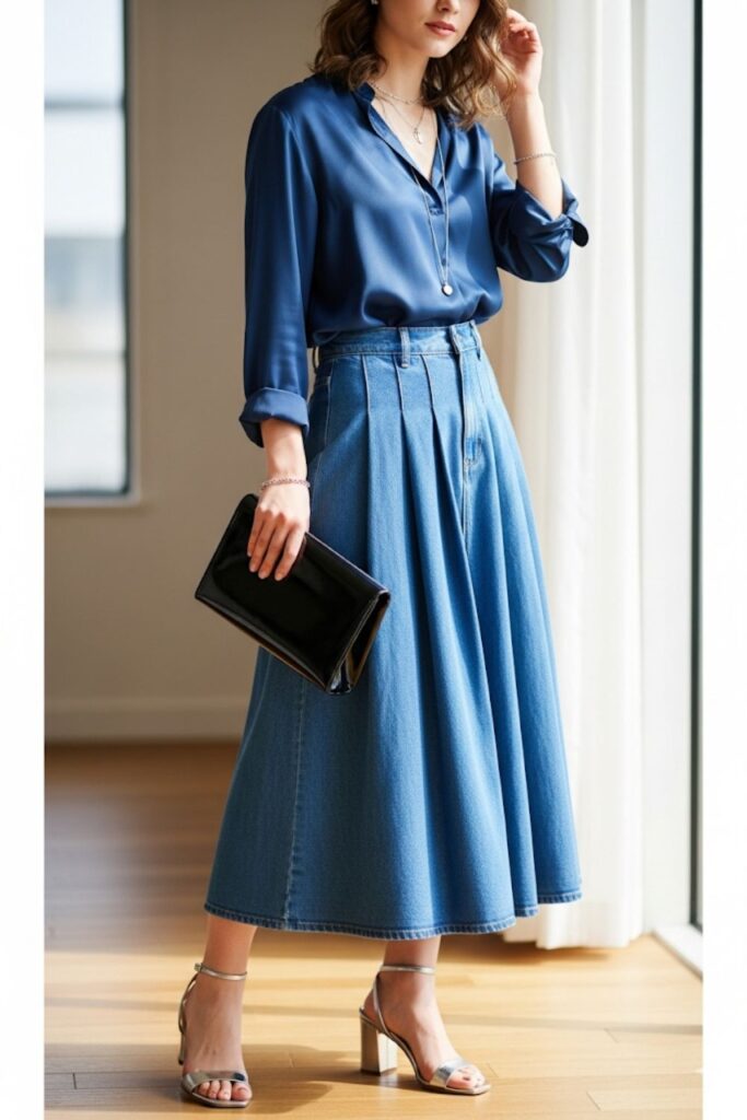  Pleated Denim Skirt with a Silk Blouse