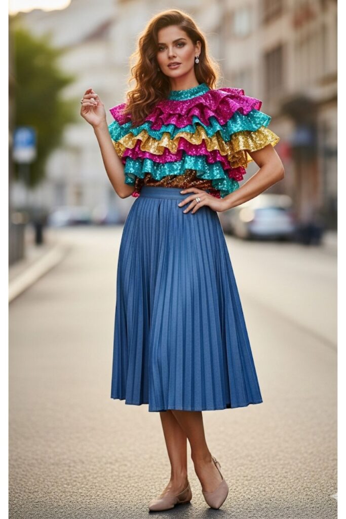 Pleated Denim Skirt with a Statement Top