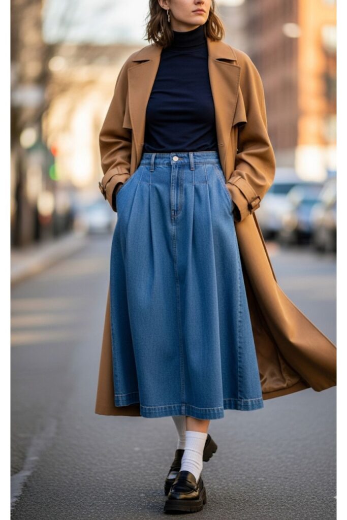 Pleated Denim Skirt with a Turtleneck