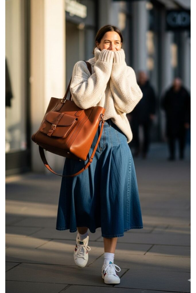 Pleated Denim Skirt with an Oversized Sweater