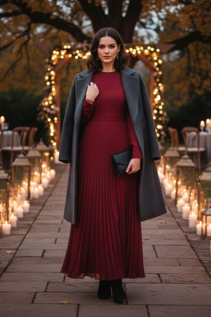 Pleated Maxi Dress with Ankle Boots