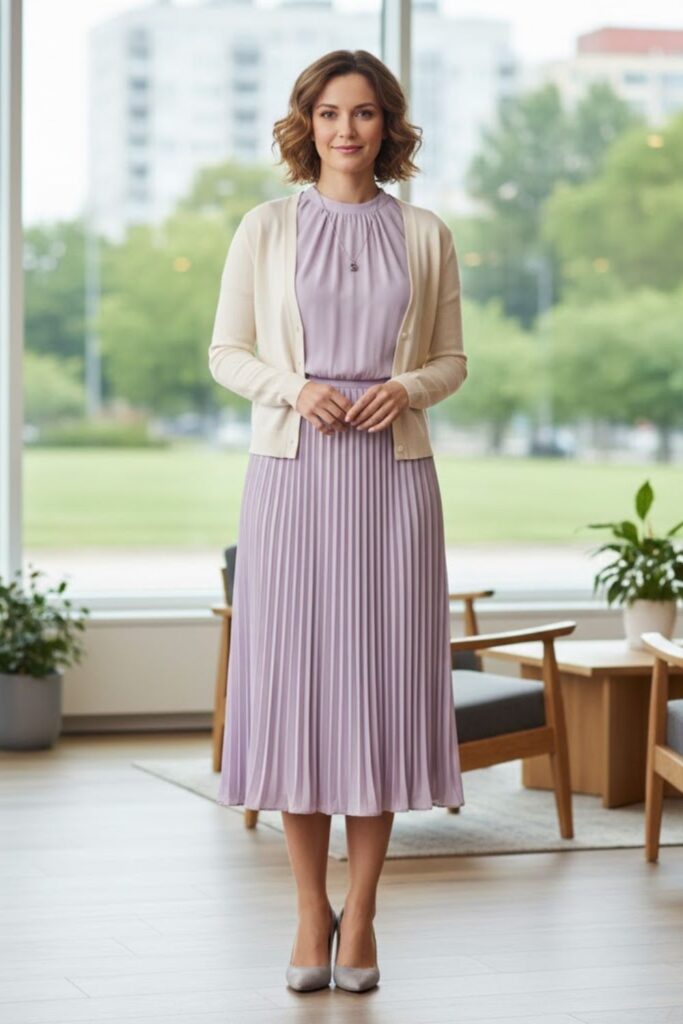 Pleated Midi Dress with Cardigan