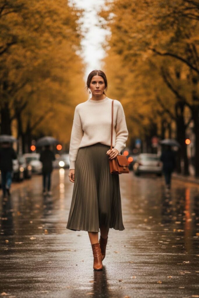 Pleated Midi Skirt with Cashmere Sweater