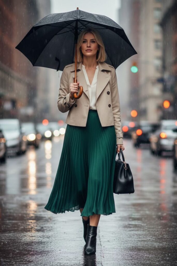 Pleated Skirt with Blouse and Ankle Boots