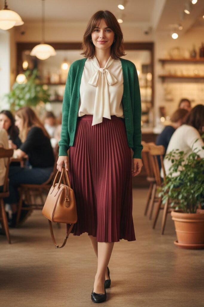 Pleated Skirt with Blouse and Cardigan