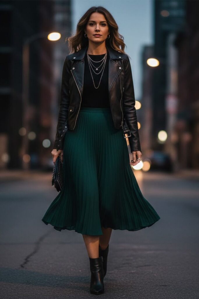 Pleated Skirt with Leather Jacket