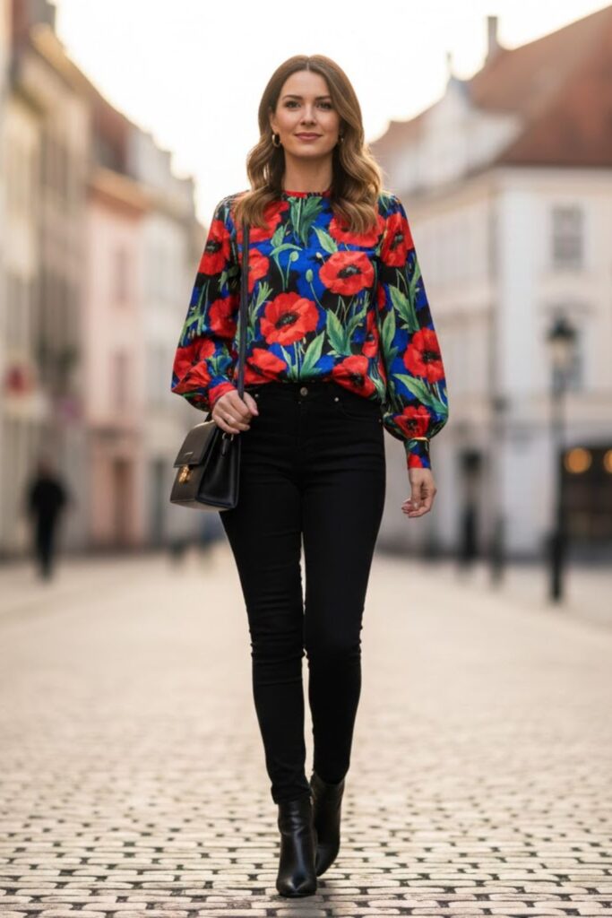 Printed Blouse with Black Jeans