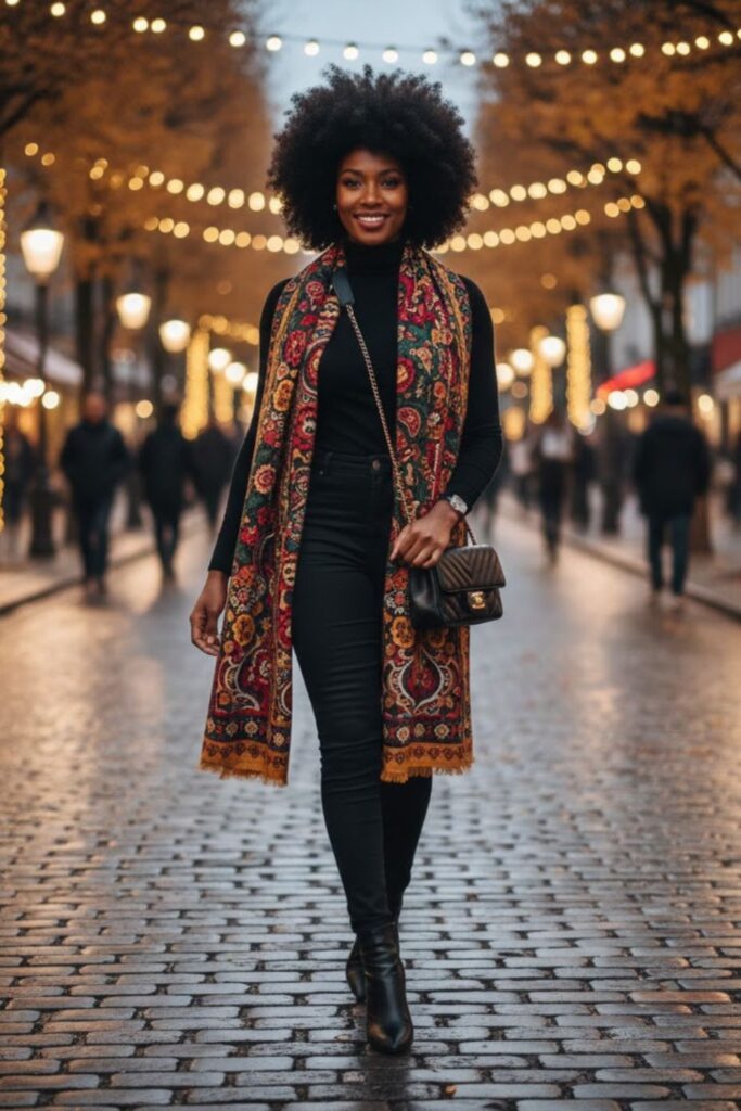 Printed Scarf with Monochrome Outfit