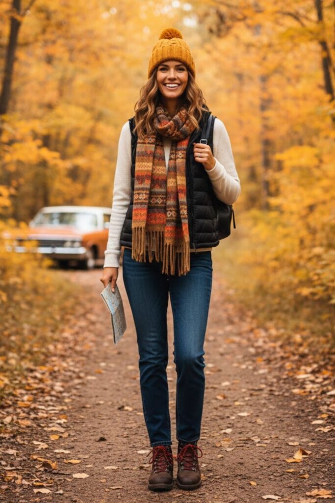 Puffer Vest with Long-Sleeve Tee and Jeans