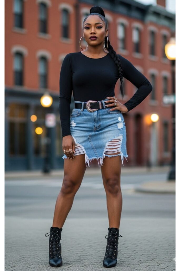 Ripped Denim Skirt with a Bodysuit