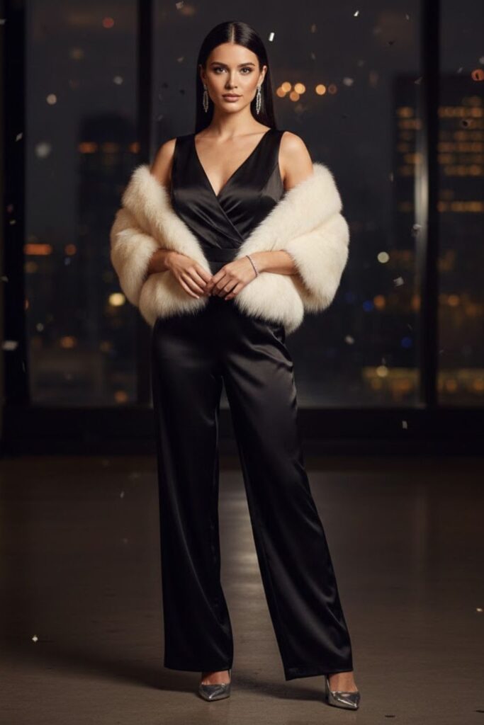 Satin Jumpsuit with Faux Fur Stole