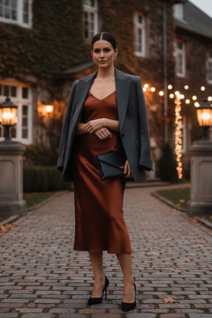 Satin Midi Dress with Blazer
