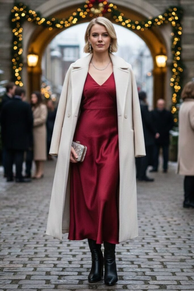 Satin Midi Dress with Long Coat