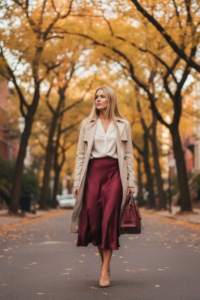 Satin Midi Skirt with Trench Coat