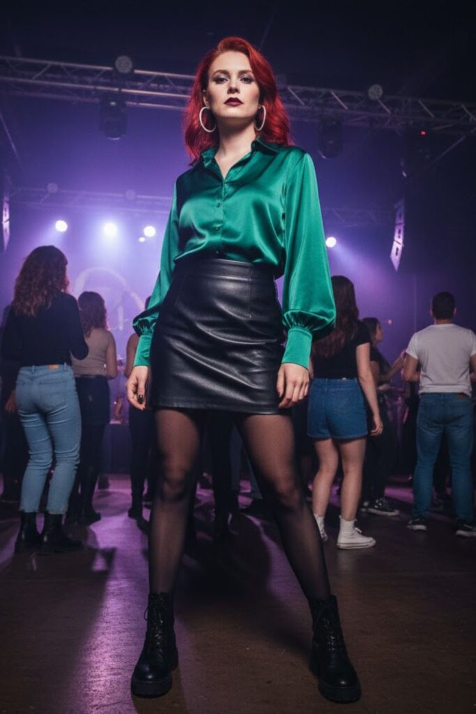 Satin Shirt with Leather Mini Skirt